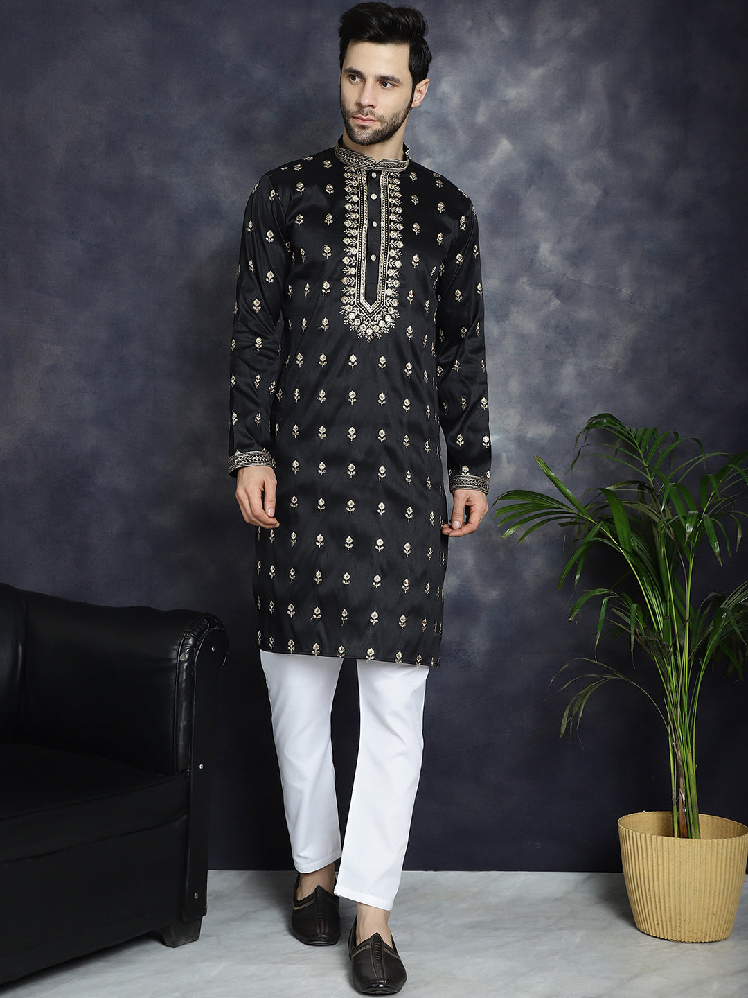 Black Chikankari Men's Kurta - Indian Kurta for Men Online