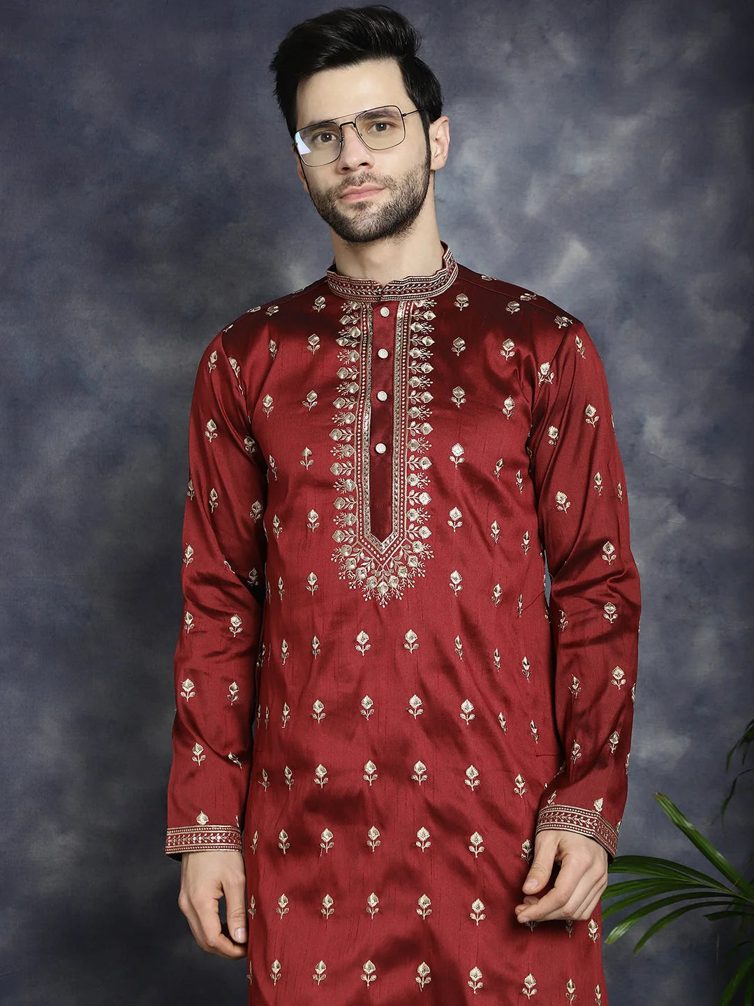 Maroon Chikankari Mens Kurta | Indian Kurta for Men