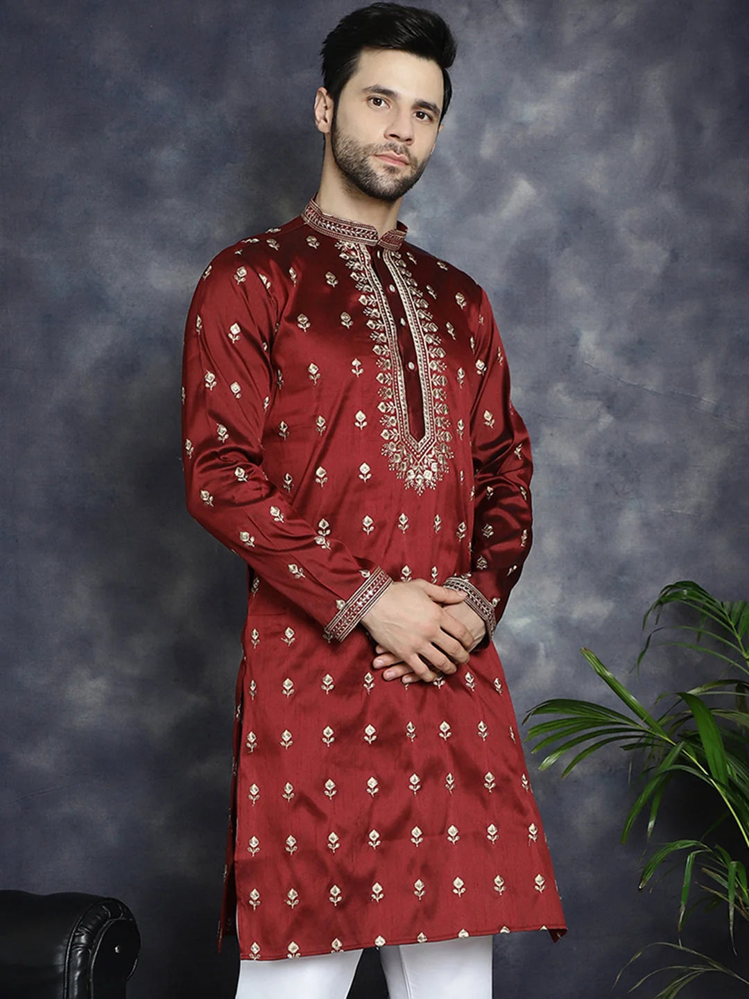Maroon Chikankari Mens Kurta | Indian Kurta for Men