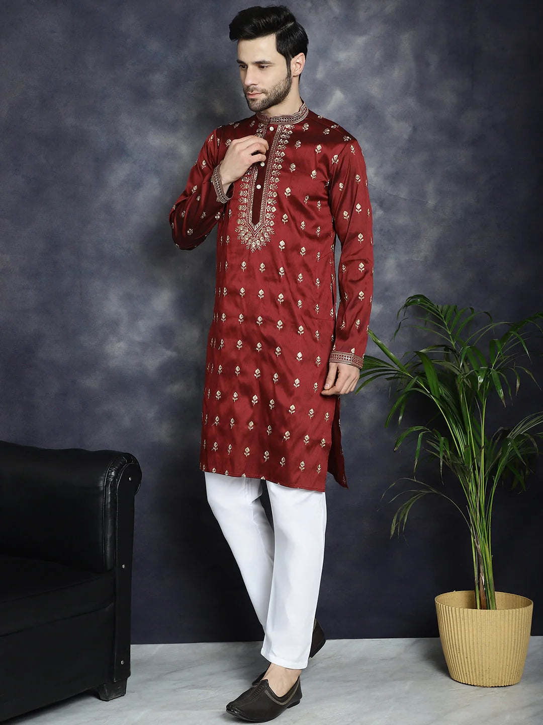 Maroon Chikankari Mens Kurta | Indian Kurta for Men