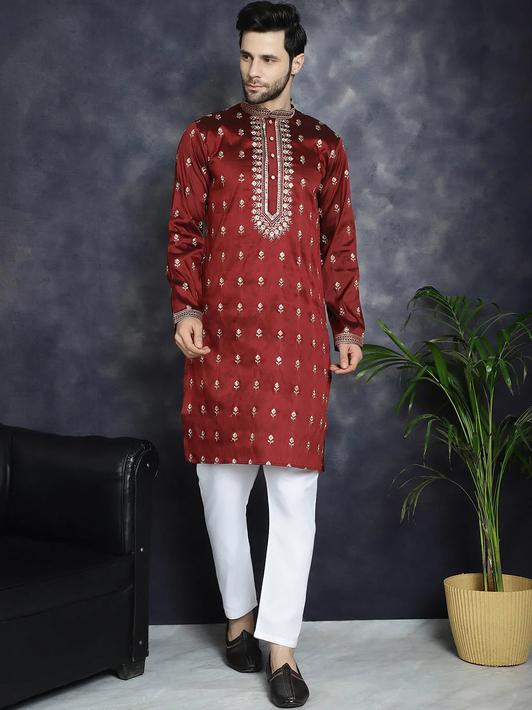 Maroon Chikankari Mens Kurta | Indian Kurta for Men