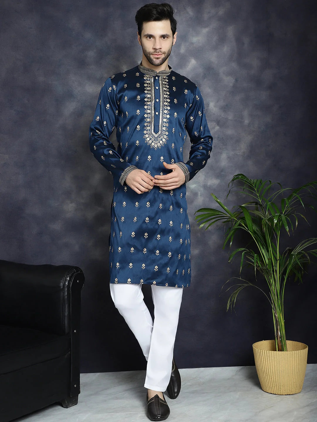 Men's Navy Blue Chikankari Embroidered Kurta | Indian Kurta