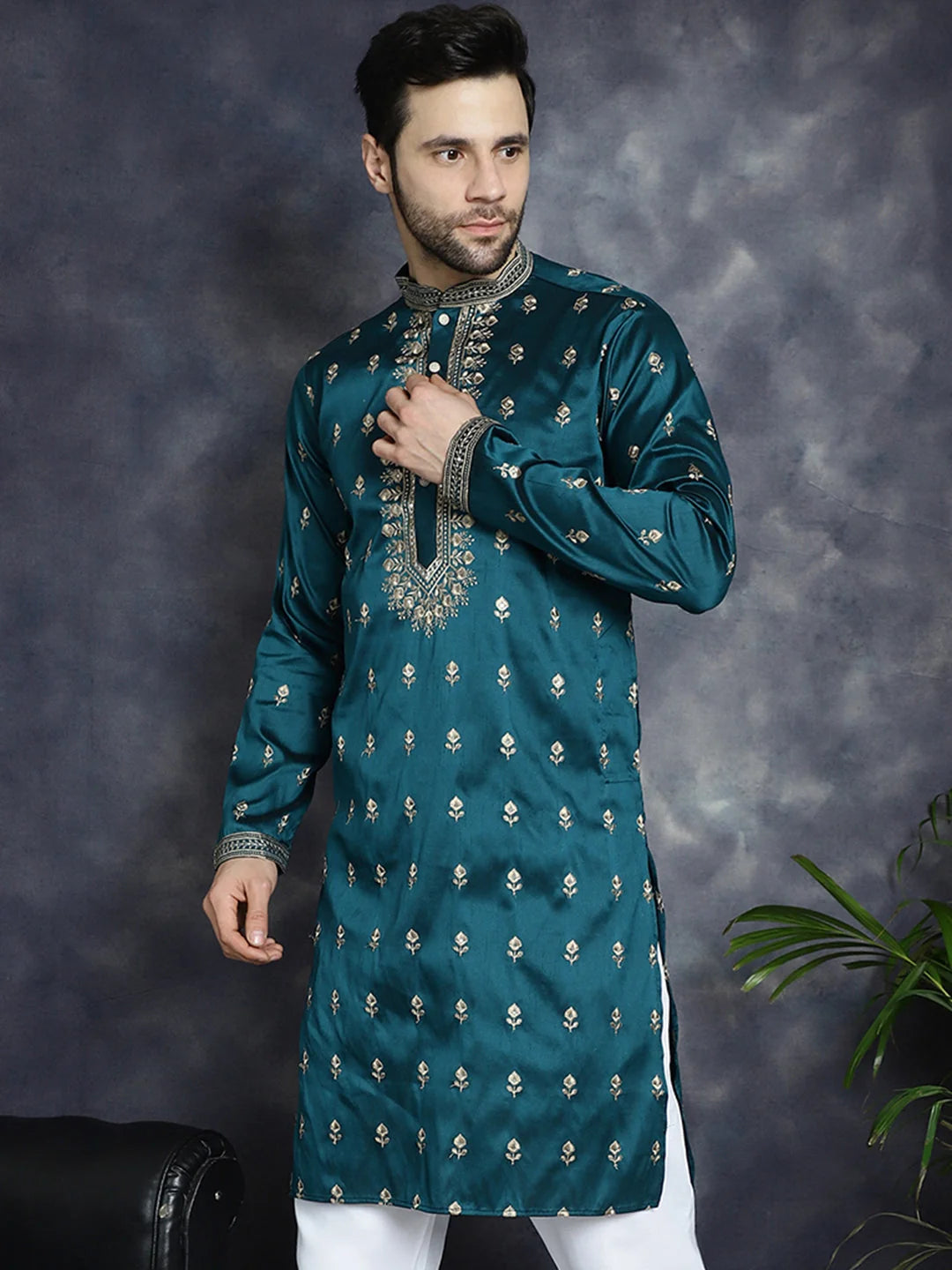 Peacock Blue Chikankari Mens Kurta | Indian Kurta for Men