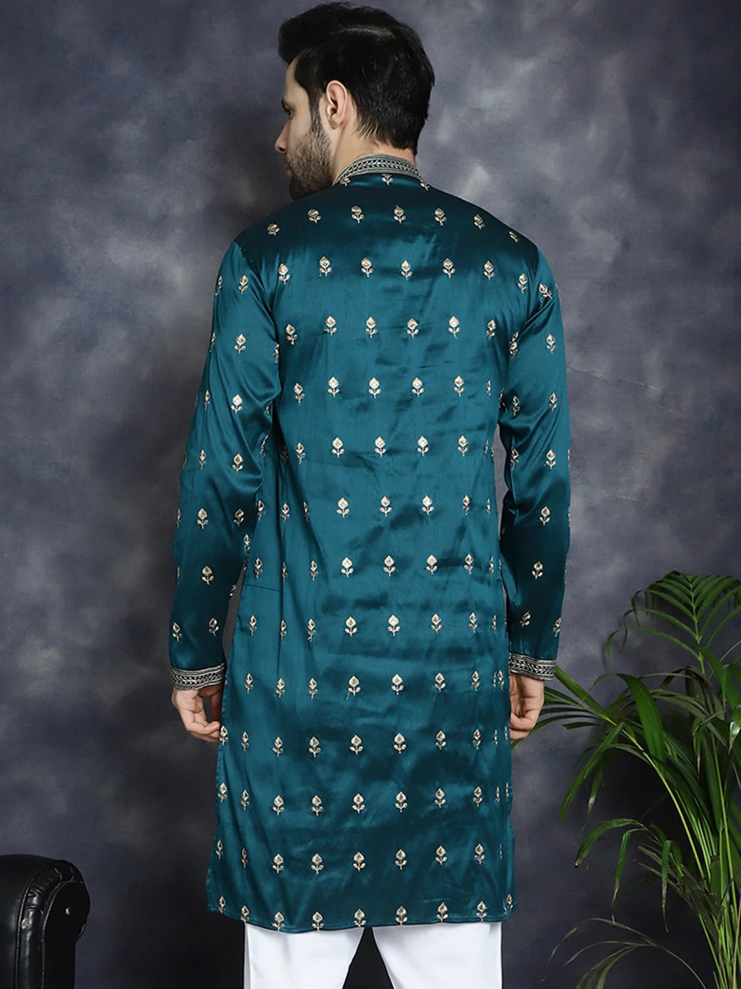 Peacock Blue Chikankari Mens Kurta | Indian Kurta for Men