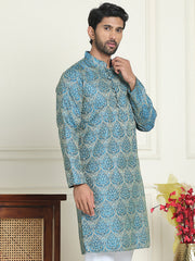 Men's Silk Blend Straight Kurtas ( KO 5043 Blue ) [FF] [A-18-19]