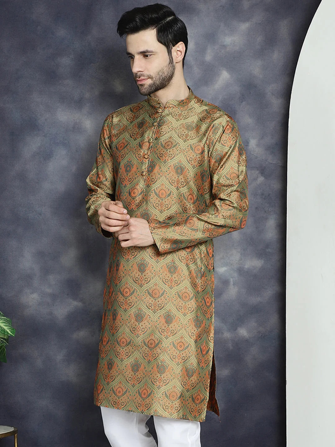 Golden Silk Blend Mens Kurta | Indian Kurta for Men