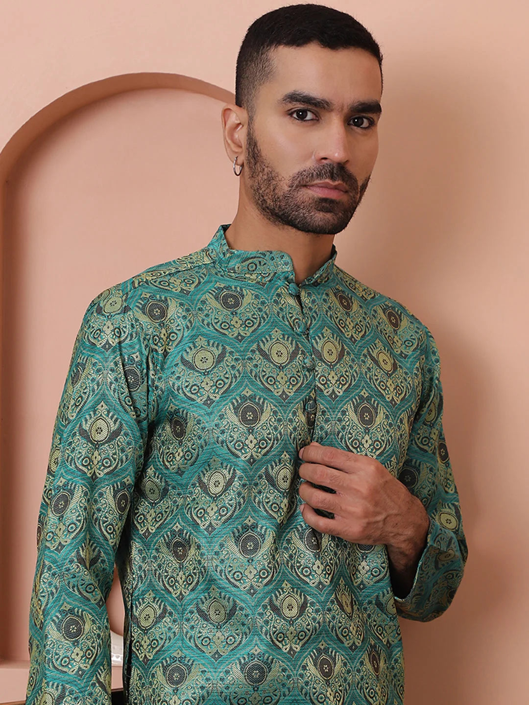 Men Green Silk Blend Straight Kurtas-KO-5043Green