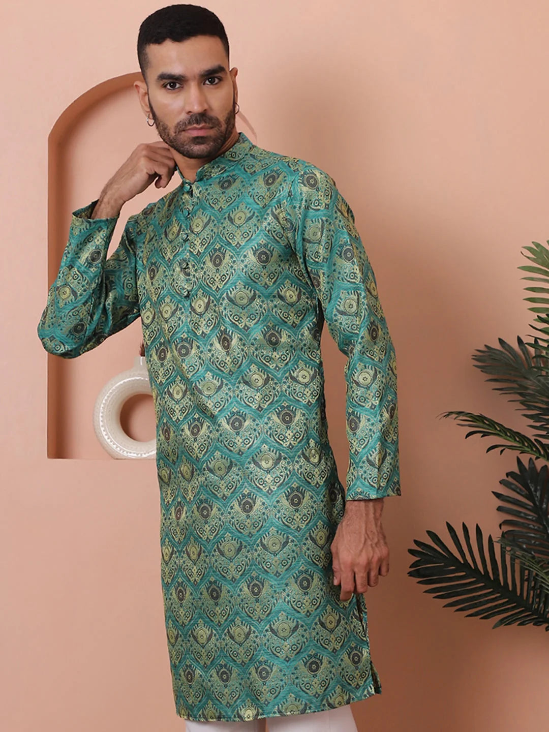 Men's Green Silk Blend Indian Kurta | Wedding Kurta for Men