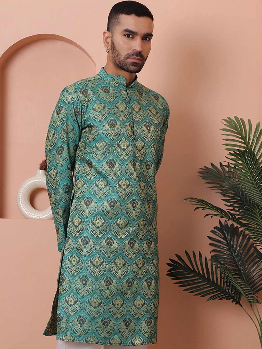 Men's Green Silk Blend Indian Kurta | Wedding Kurta for Men
