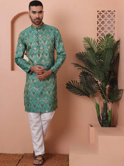 Men Green Silk Blend Straight Kurtas-KO-5043Green