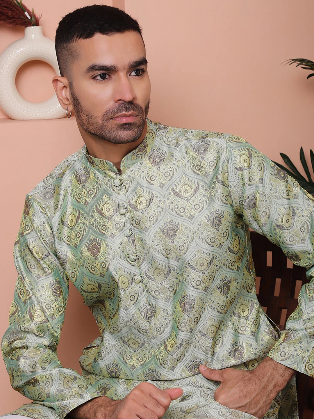 Men's Pista Green Silk Blend Indian Kurta | Short Kurta