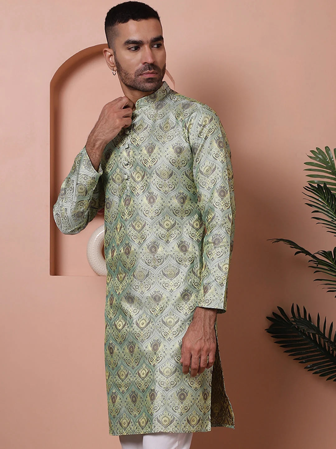 Men's Pista Green Silk Blend Indian Kurta | Short Kurta