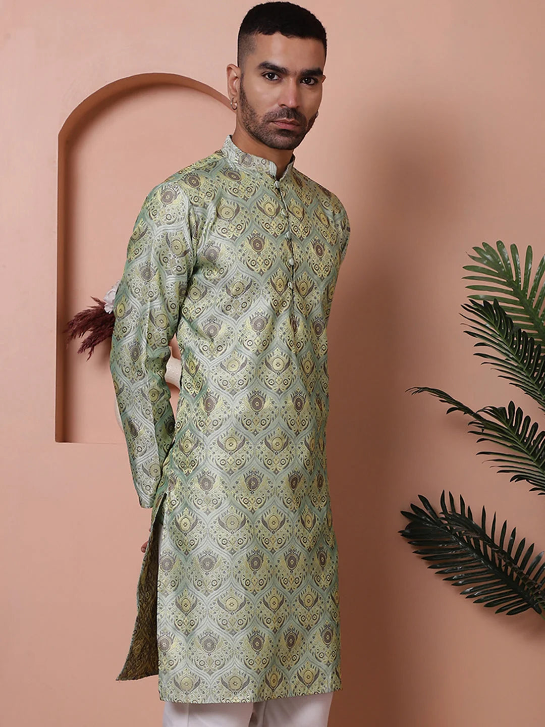 Men's Pista Green Silk Blend Indian Kurta | Short Kurta