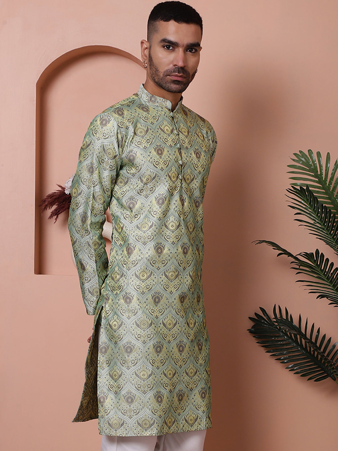 Men's Pista Green Silk Blend Indian Kurta | Short Kurta