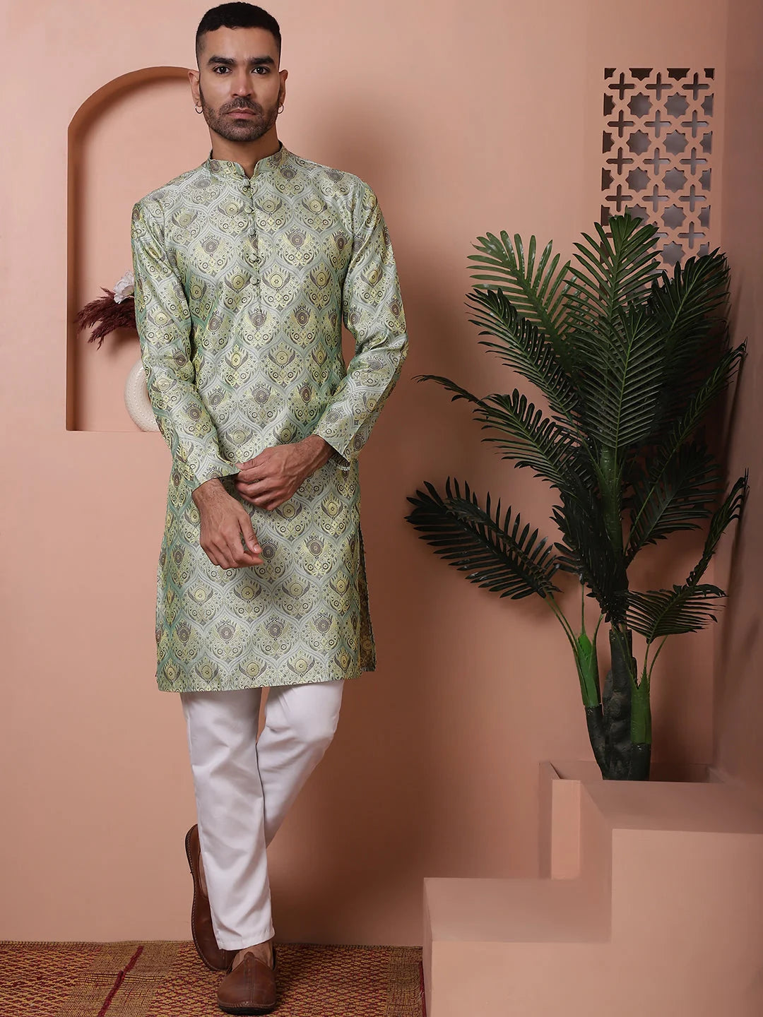 Men's Pista Green Silk Blend Indian Kurta | Short Kurta