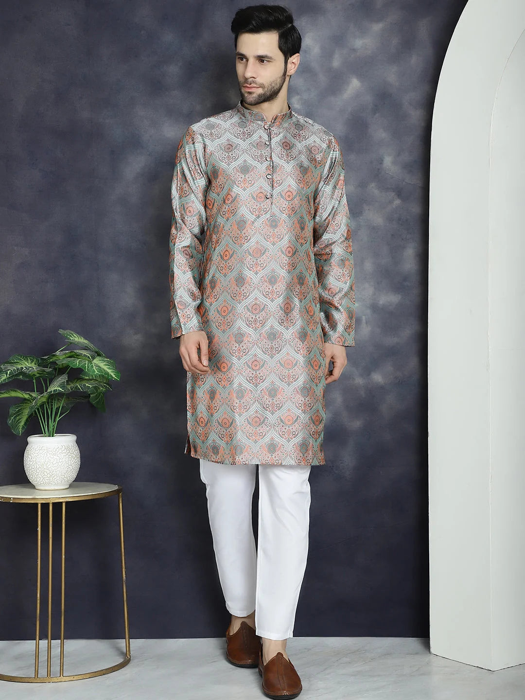 Silver Silk Kurta for Men: Straight Indian Kurta Collection