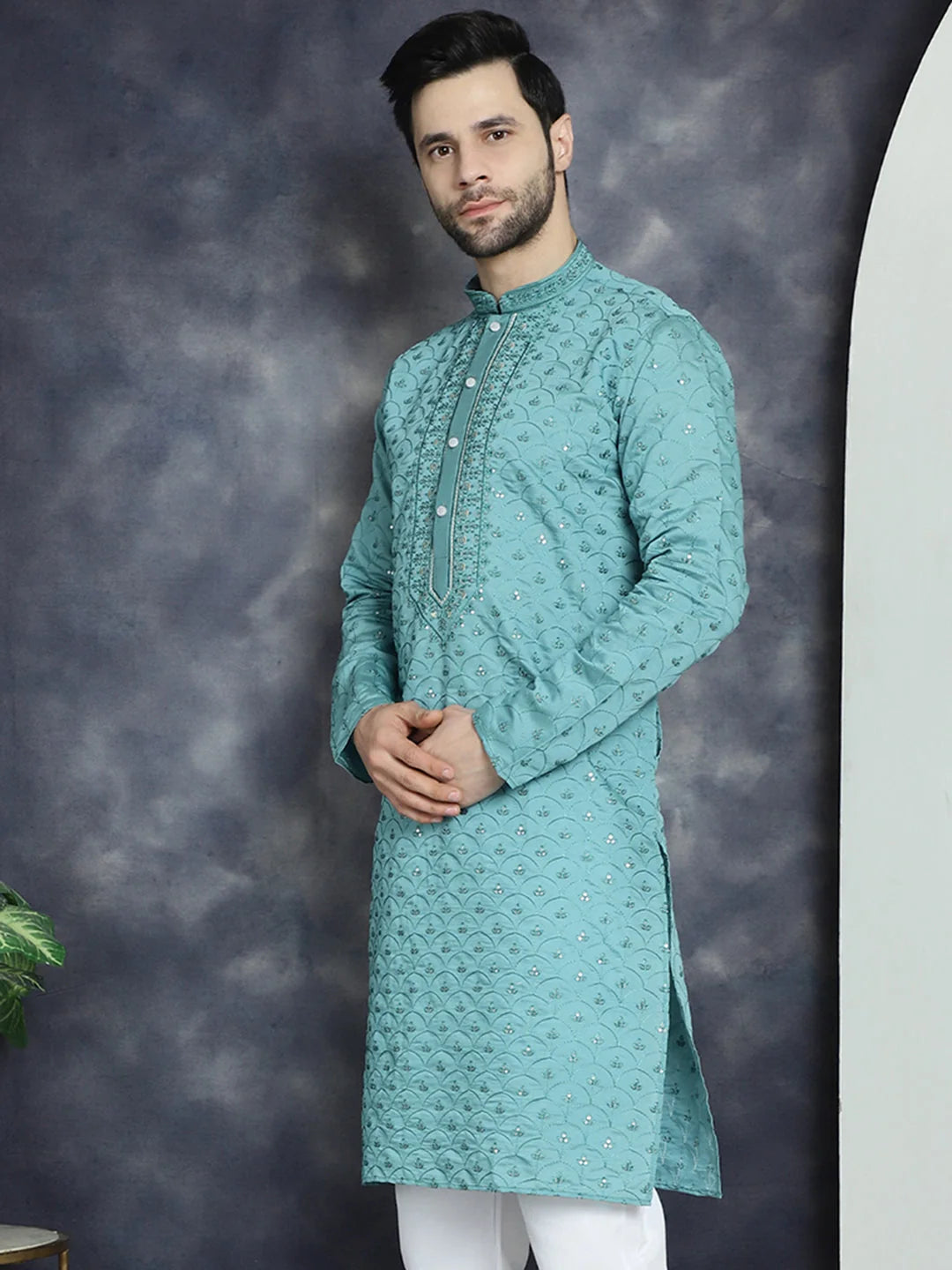 Men's Blue Sequins Embroidered Cotton Kurta | Indian Kurta