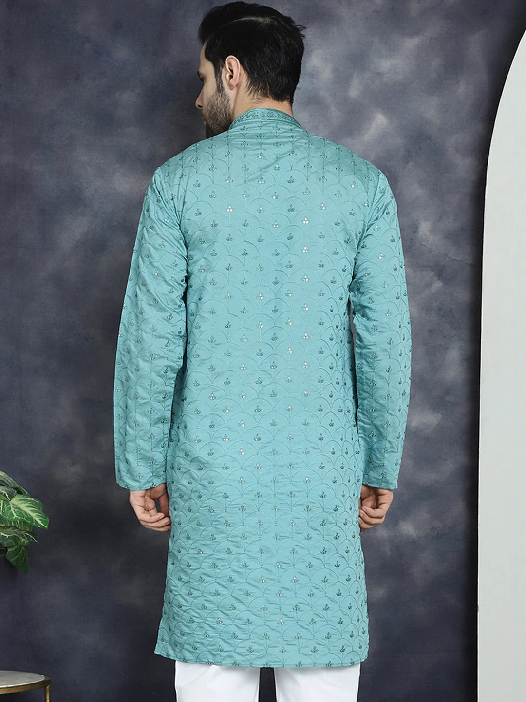 Men's Blue Sequins Embroidered Cotton Kurta | Indian Kurta