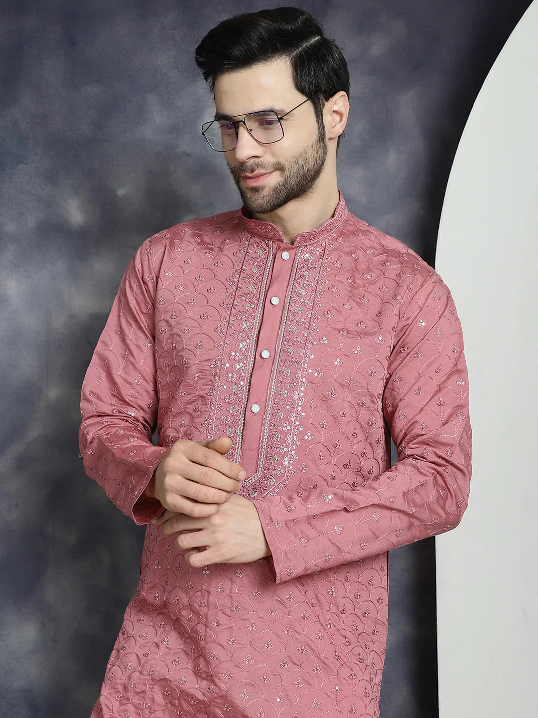 Men's Coral Sequins Embroidered Cotton Kurta | Indian Kurta