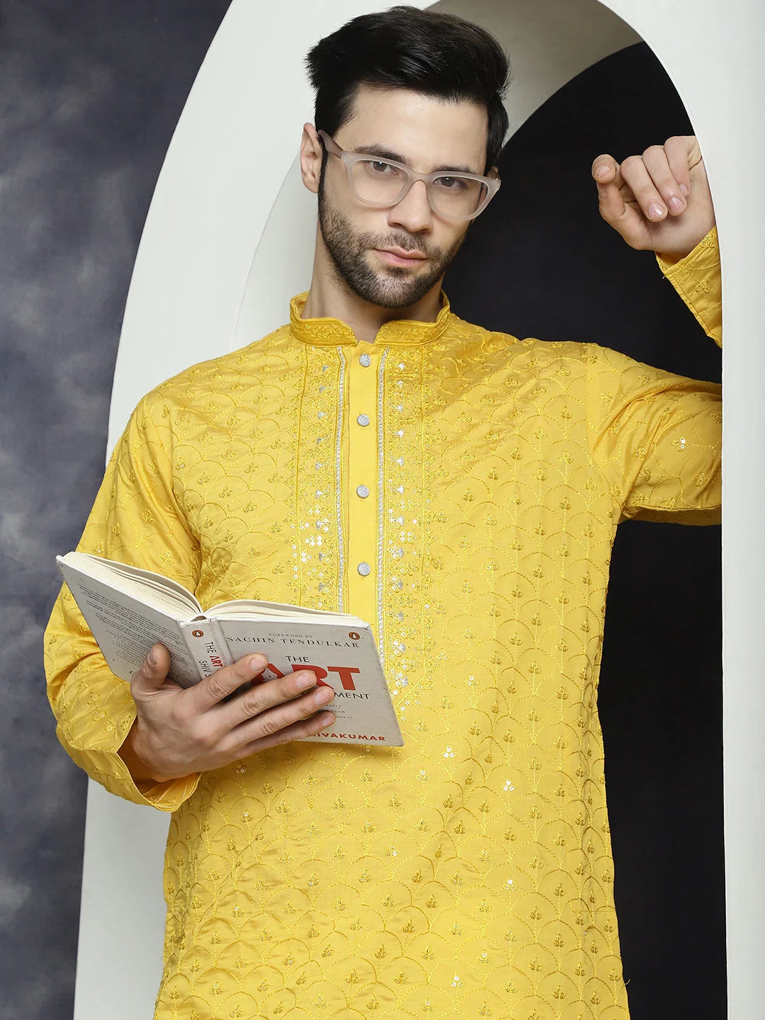 Men's Mustard Sequins Embroidered Cotton Kurta | Indian Kurta