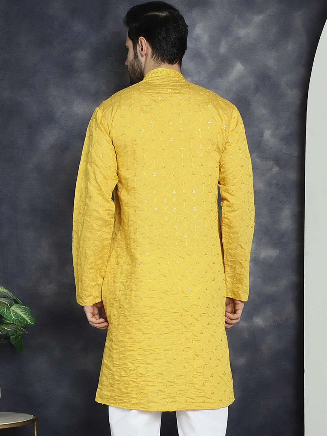 Men's Mustard Sequins Embroidered Cotton Kurta | Indian Kurta
