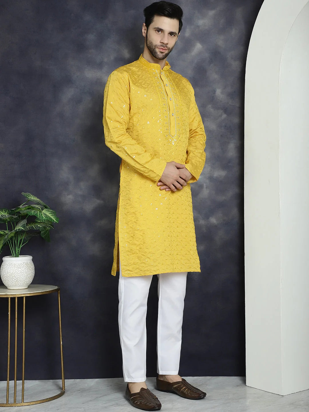 Men's Mustard Sequins Embroidered Cotton Kurta | Indian Kurta