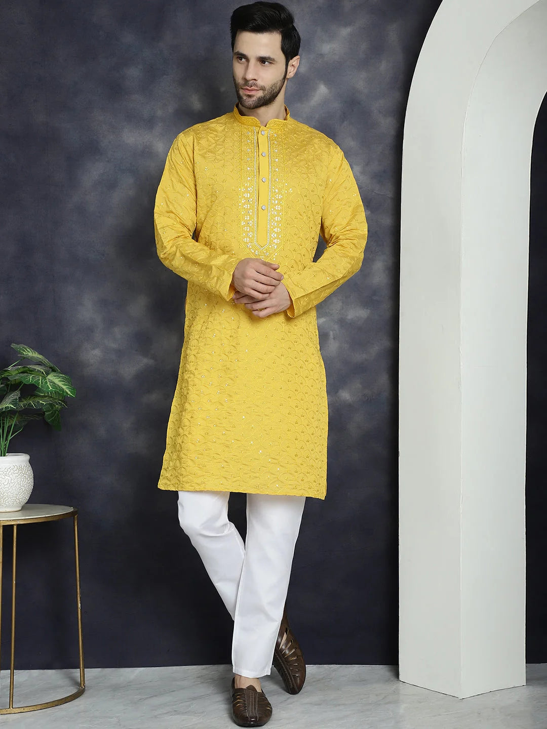 Men's Mustard Sequins Embroidered Cotton Kurta | Indian Kurta