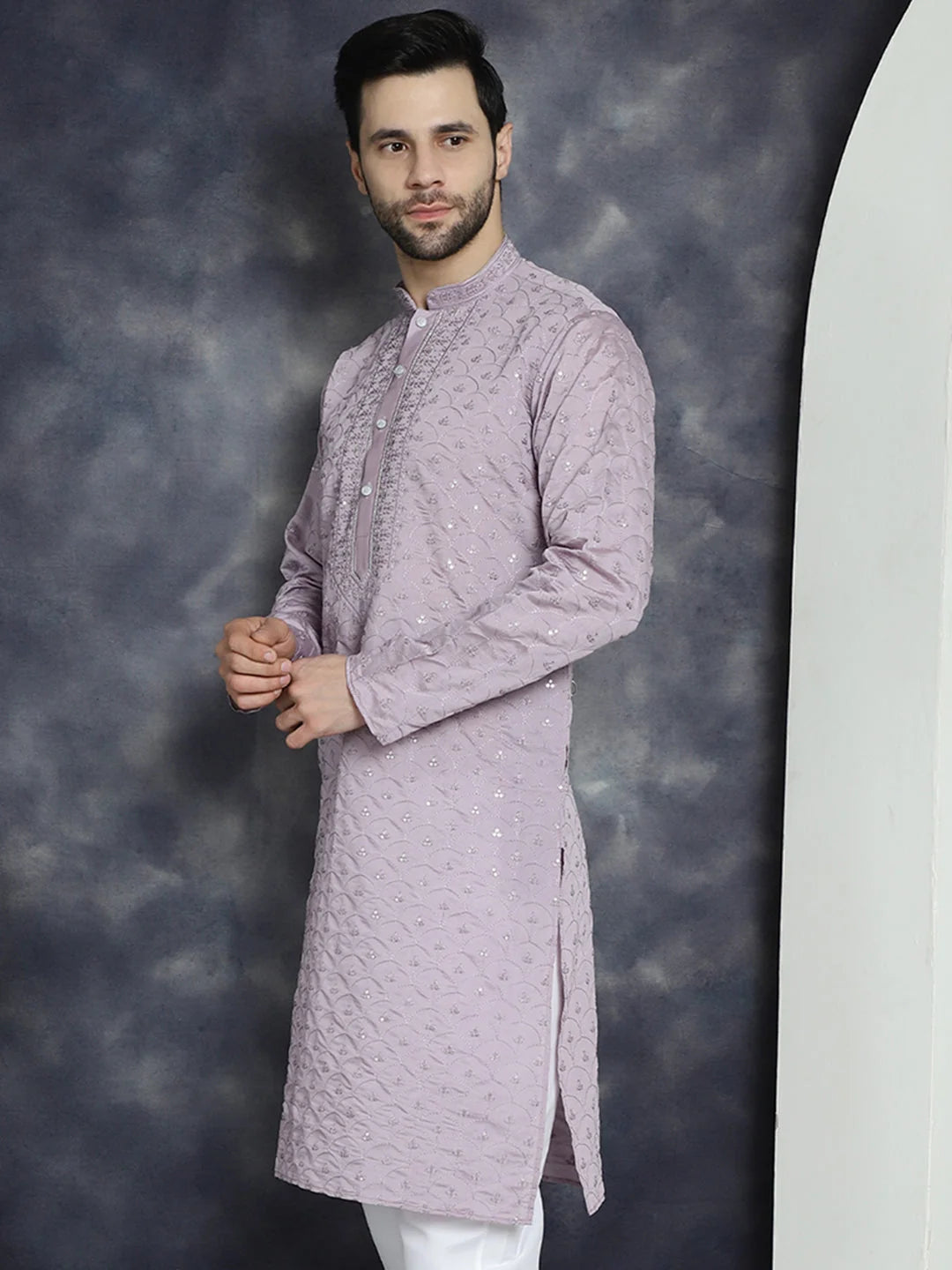 Purple Embroidered Men's Kurta: Sequins Indian Kurta Design