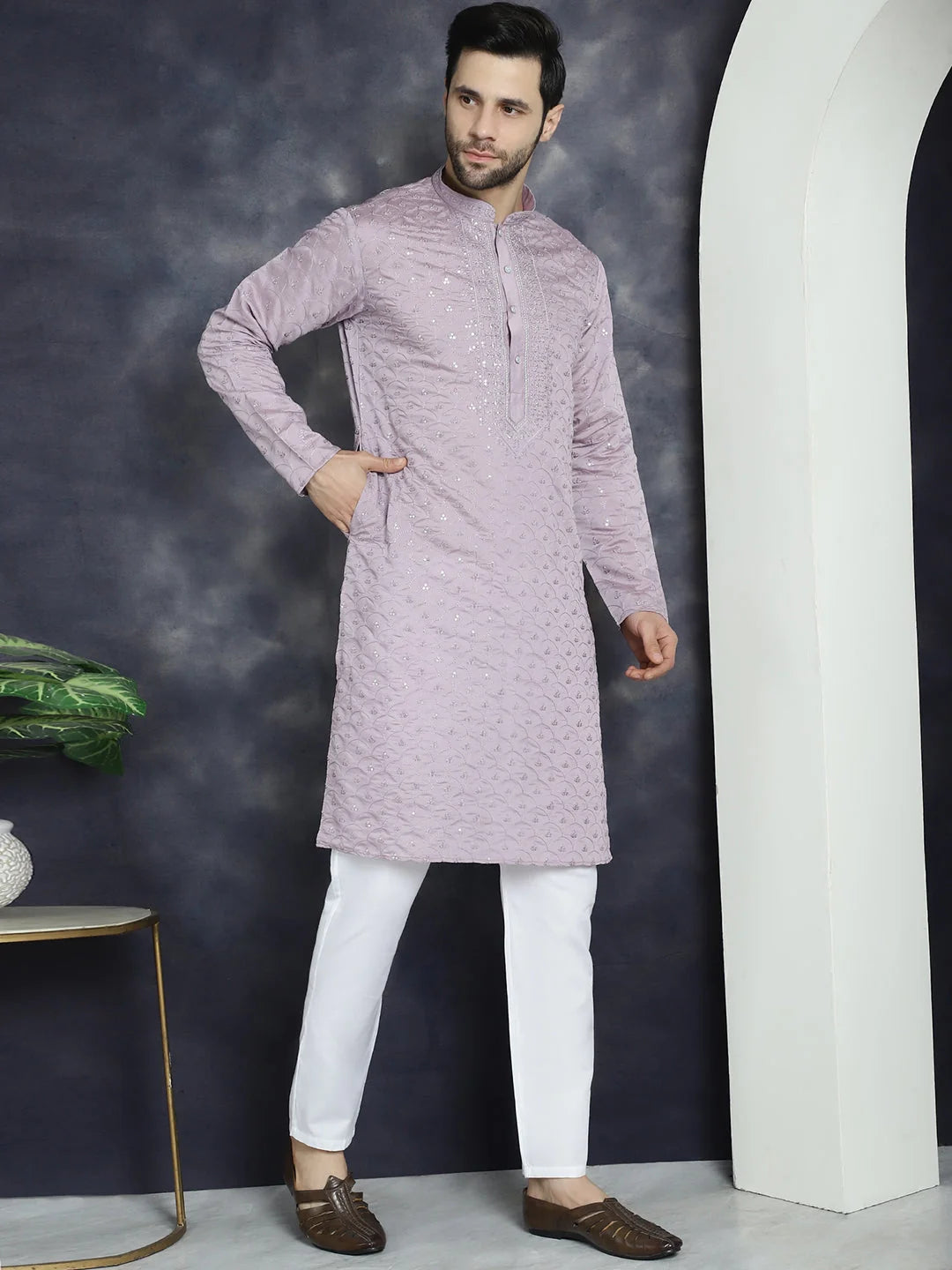 Purple Embroidered Men's Kurta: Sequins Indian Kurta Design