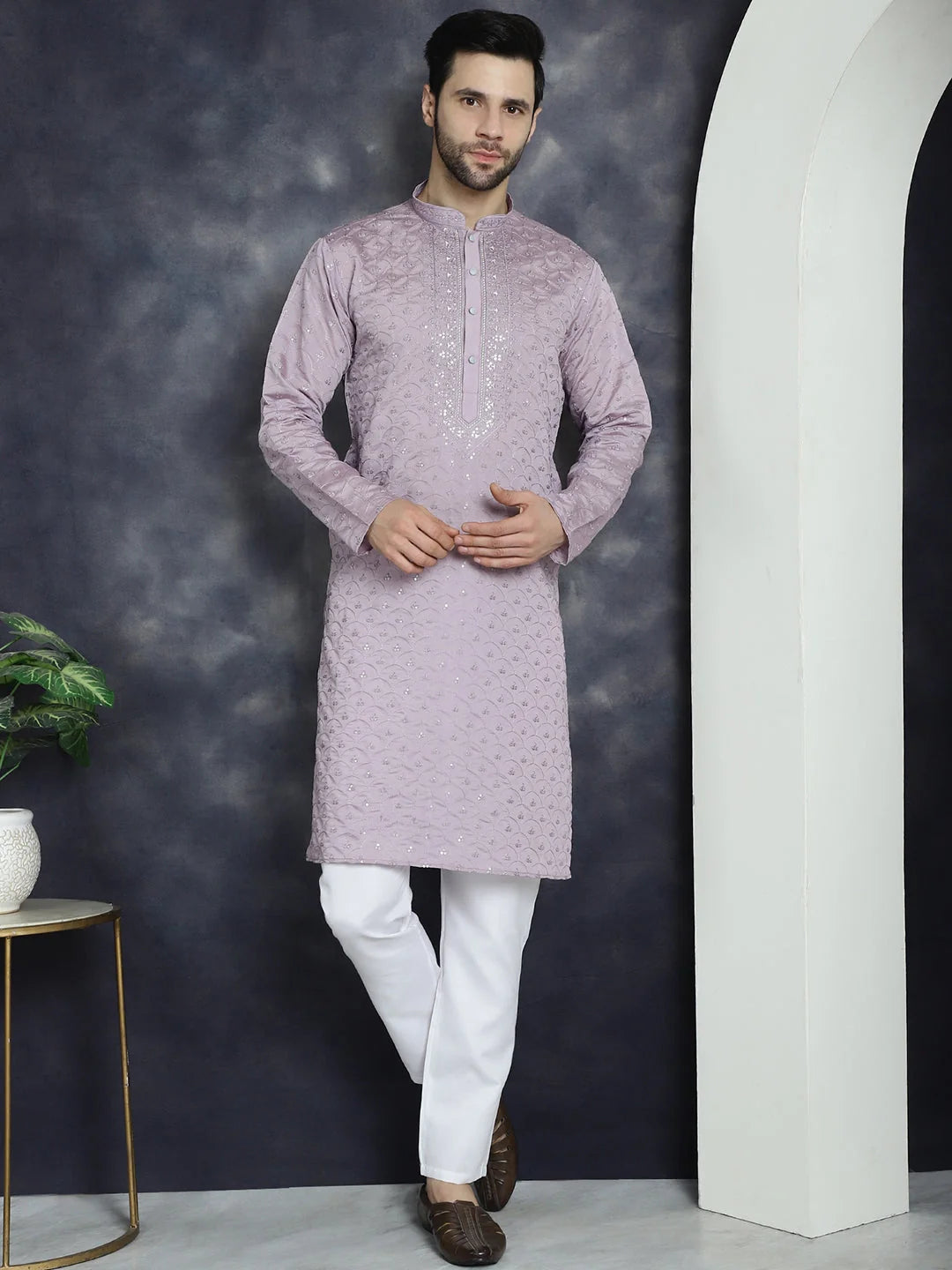 Purple Embroidered Men's Kurta: Sequins Indian Kurta Design