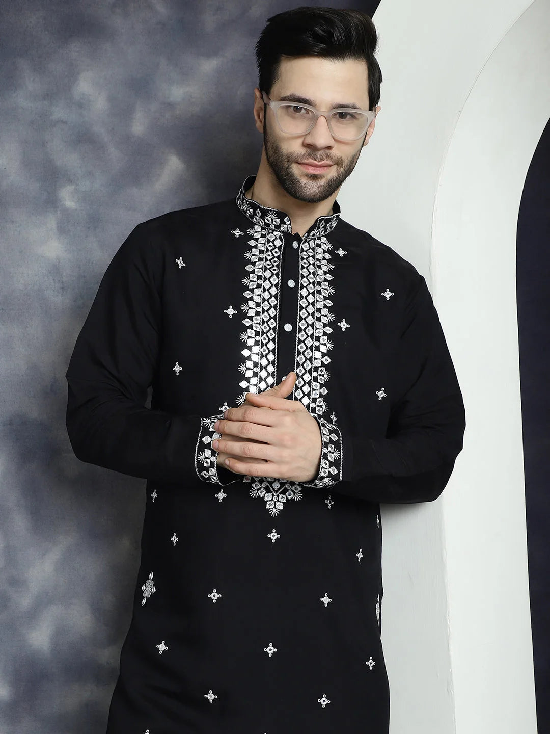 Men's Black Embroidered Cotton Indian Kurta | Shop Now!
