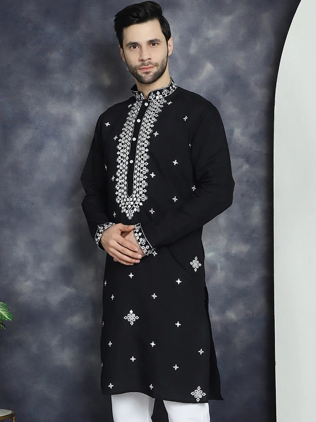Men's Black Embroidered Cotton Indian Kurta | Shop Now!