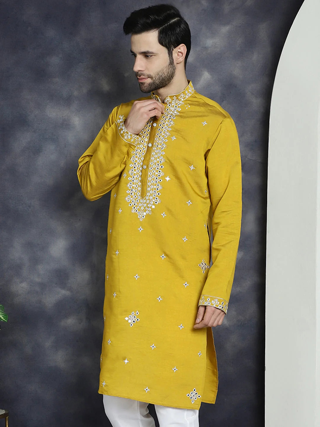 Mustard Men's Kurta: Embroidered Indian Kurta for Men