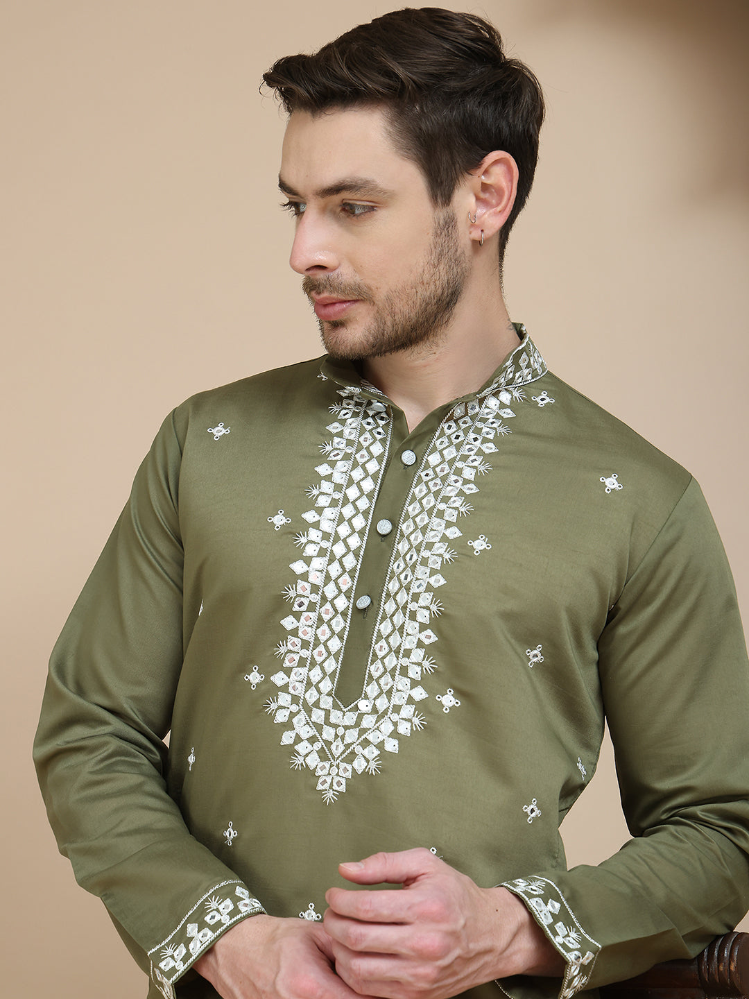 DesiQlo Men Embroidered Kurta Only - Green - KO_5045Olive_S