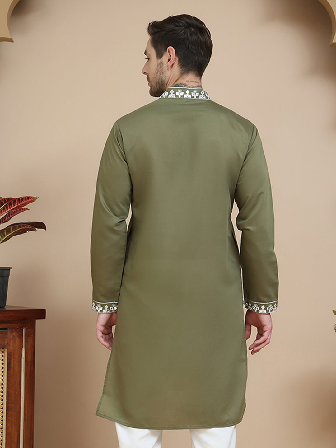 DesiQlo Men Embroidered Kurta Only - Green - KO_5045Olive_S
