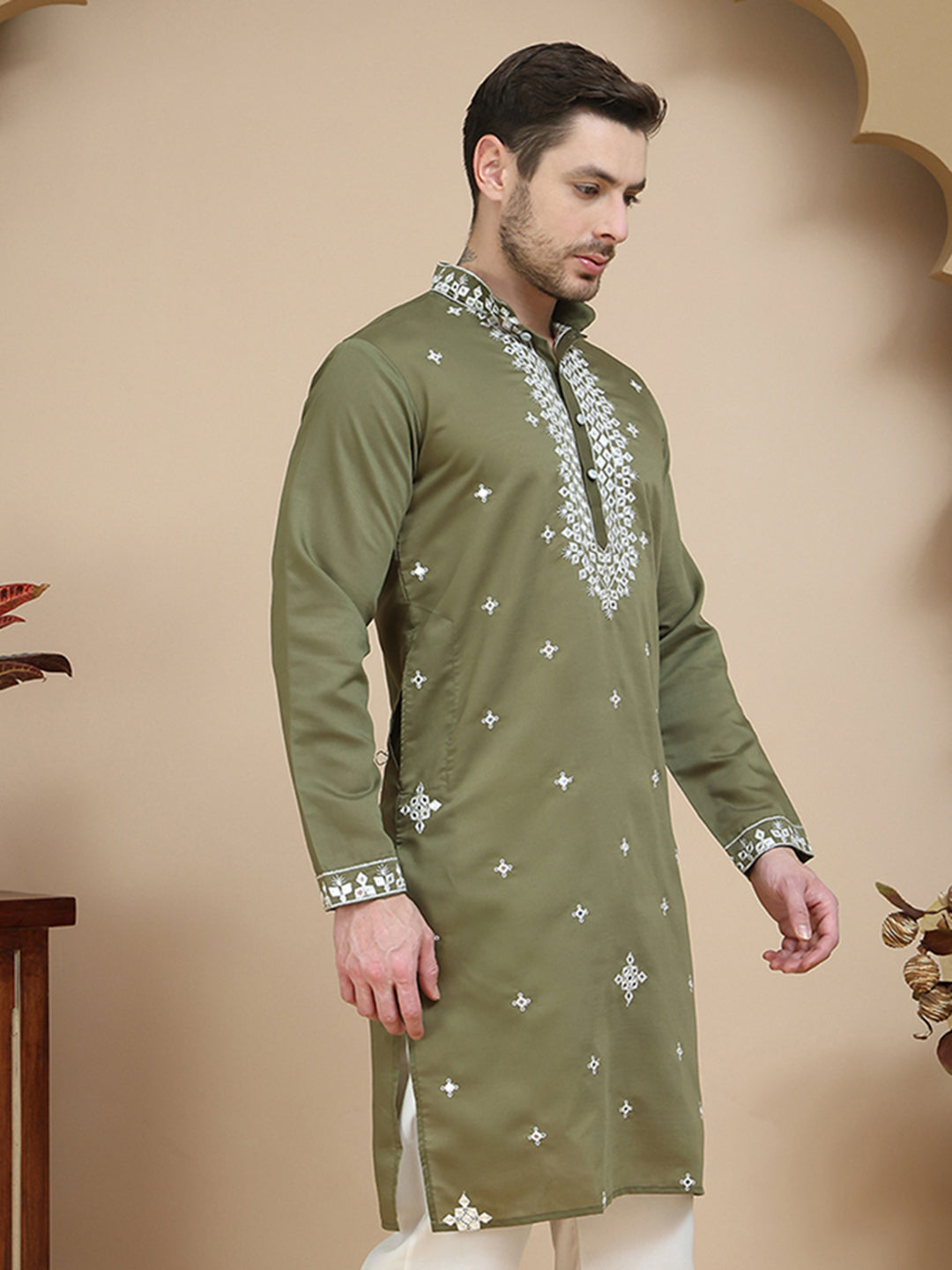 DesiQlo Men Embroidered Kurta Only - Green - KO_5045Olive_S