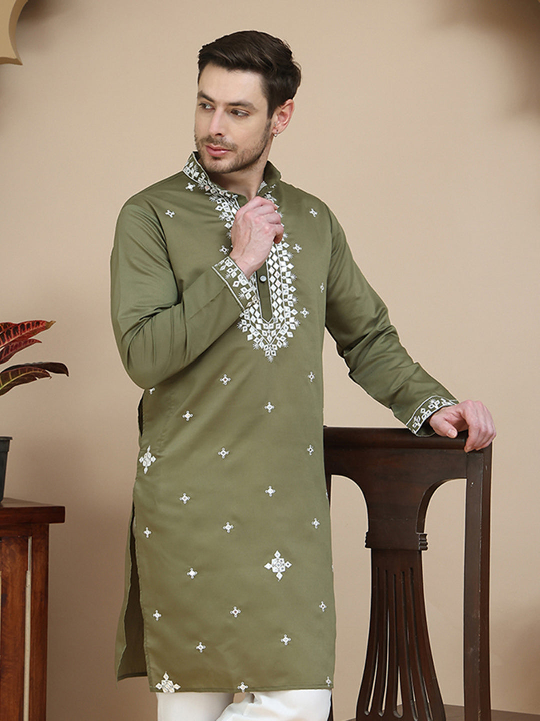 DesiQlo Men Embroidered Kurta Only - Green - KO_5045Olive_S