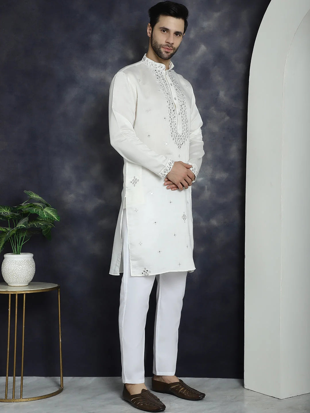 White Indian Kurta for Men: Embroidered Men's Kurta Online