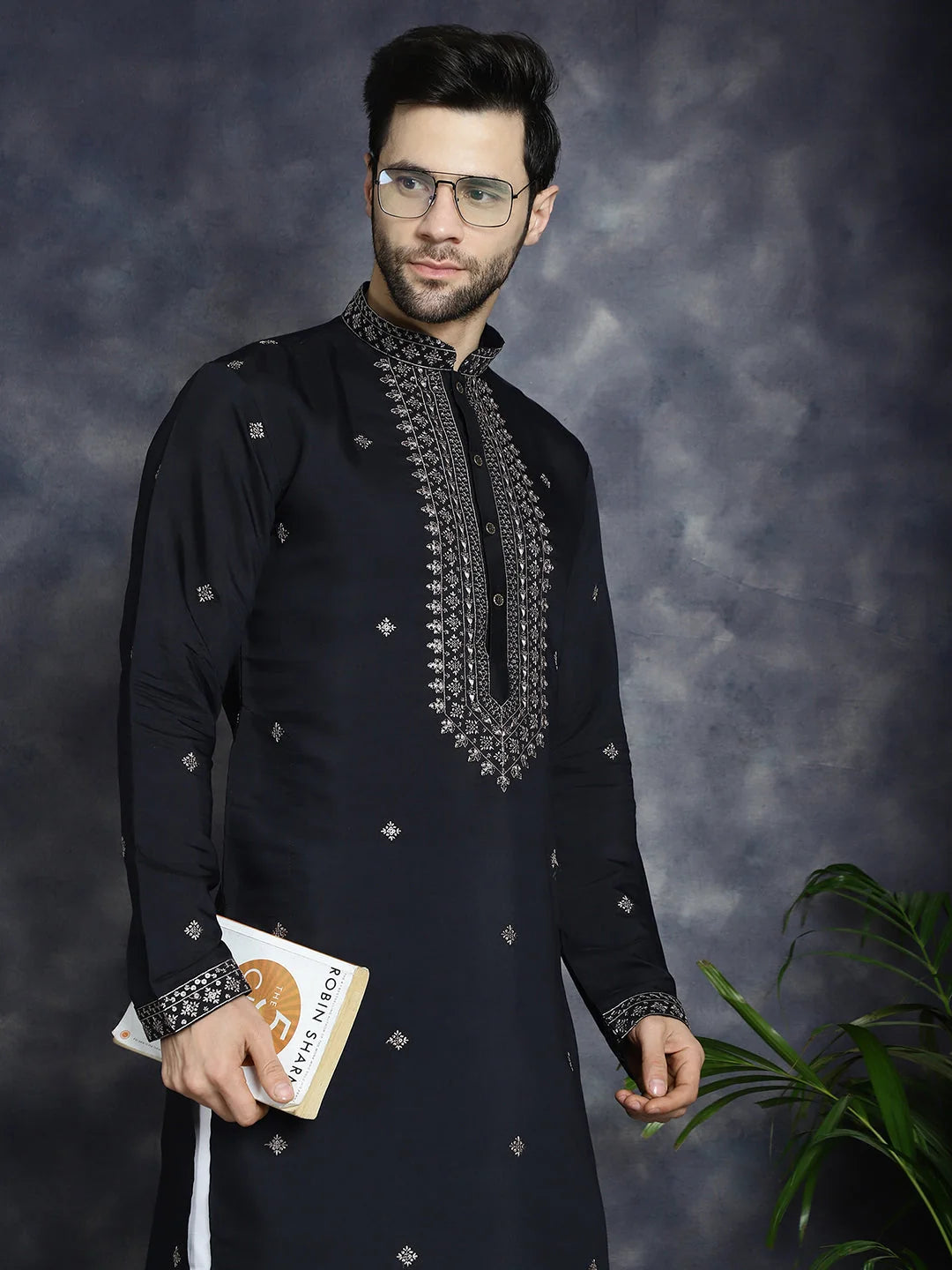 Men's Black Sequins Embroidered Indian Kurta - Cotton Kurta