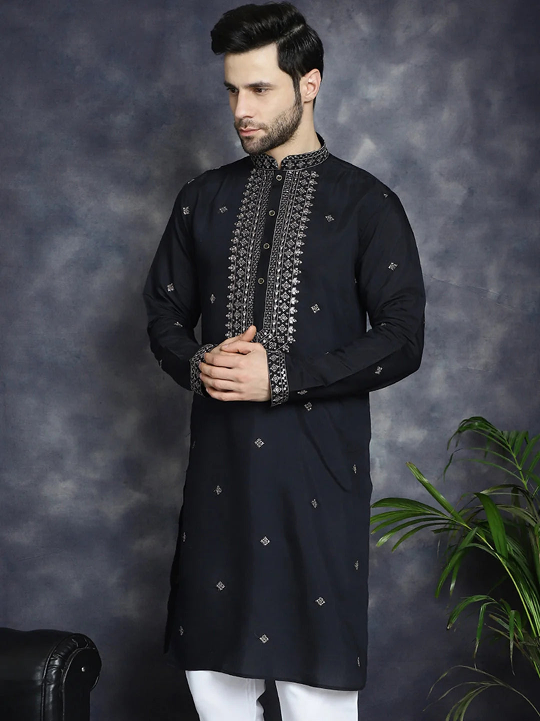 Men's Black Sequins Embroidered Indian Kurta - Cotton Kurta