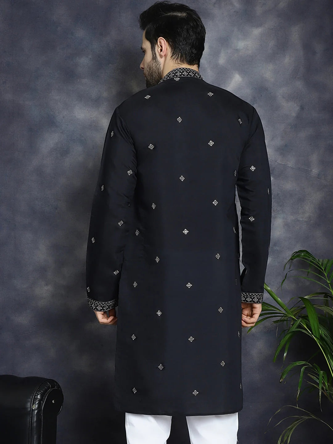Men's Black Sequins Embroidered Indian Kurta - Cotton Kurta