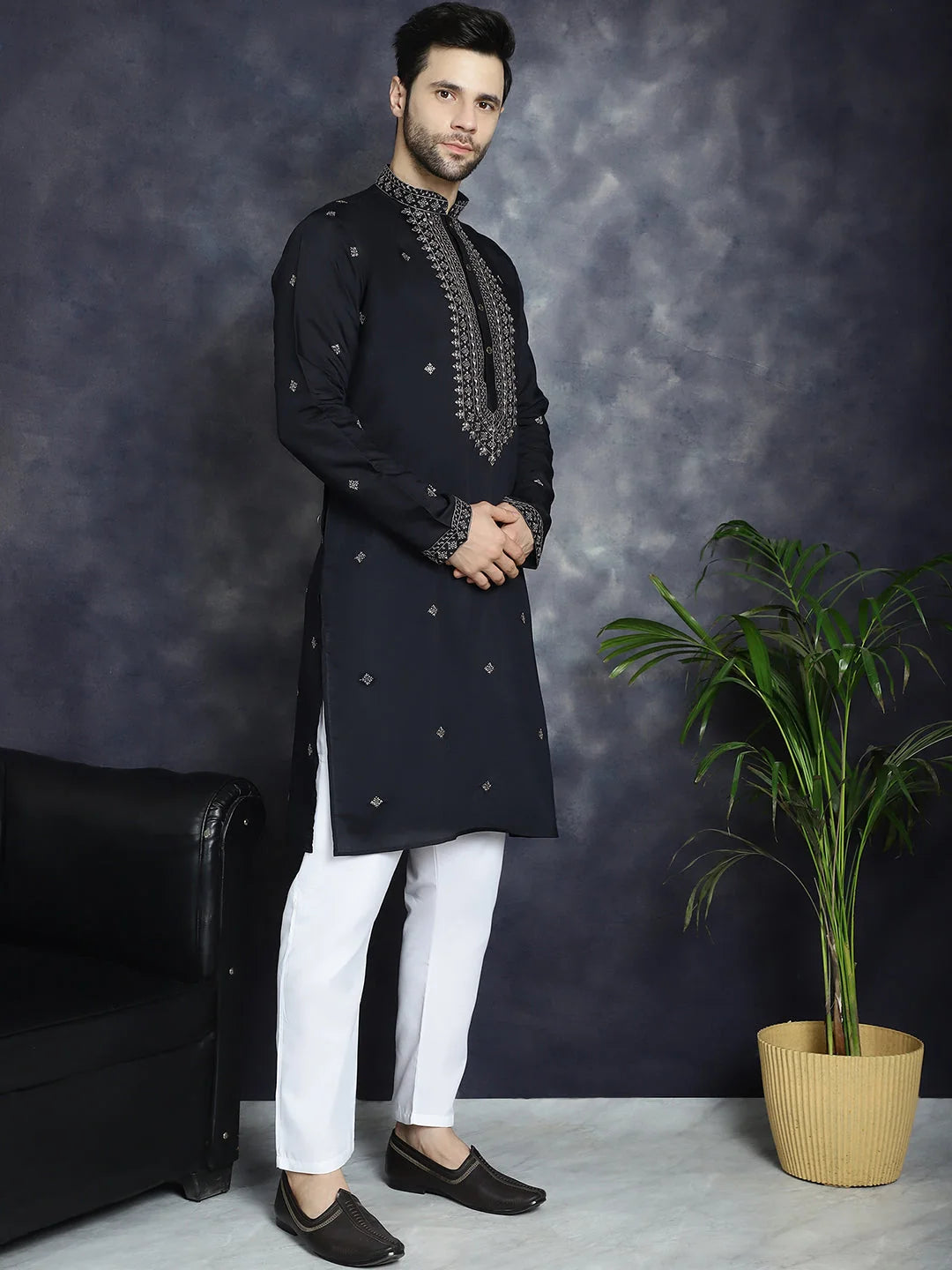 Men's Black Sequins Embroidered Indian Kurta - Cotton Kurta