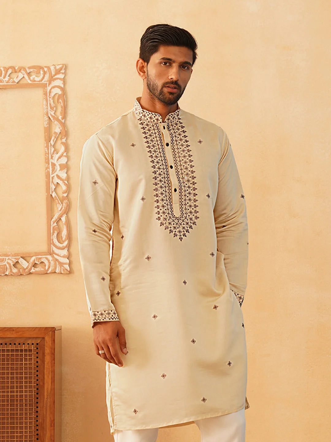 Men's Sequins Embroidered Kurtas-KO-5046Cream