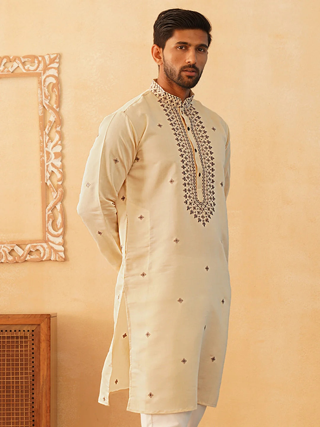 Cream Embroidered Mens Kurta - Indian Kurta for Men Online