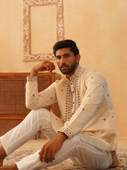 Men's Sequins Embroidered Kurtas-KO-5046Cream