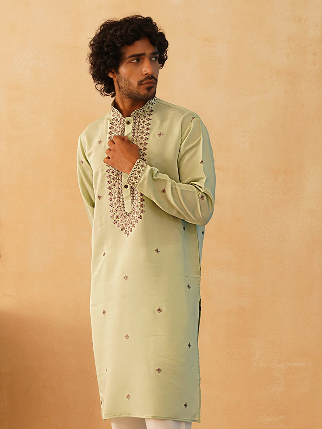 Pista Green Embroidered Mens Kurta - Silk Kurta for Men