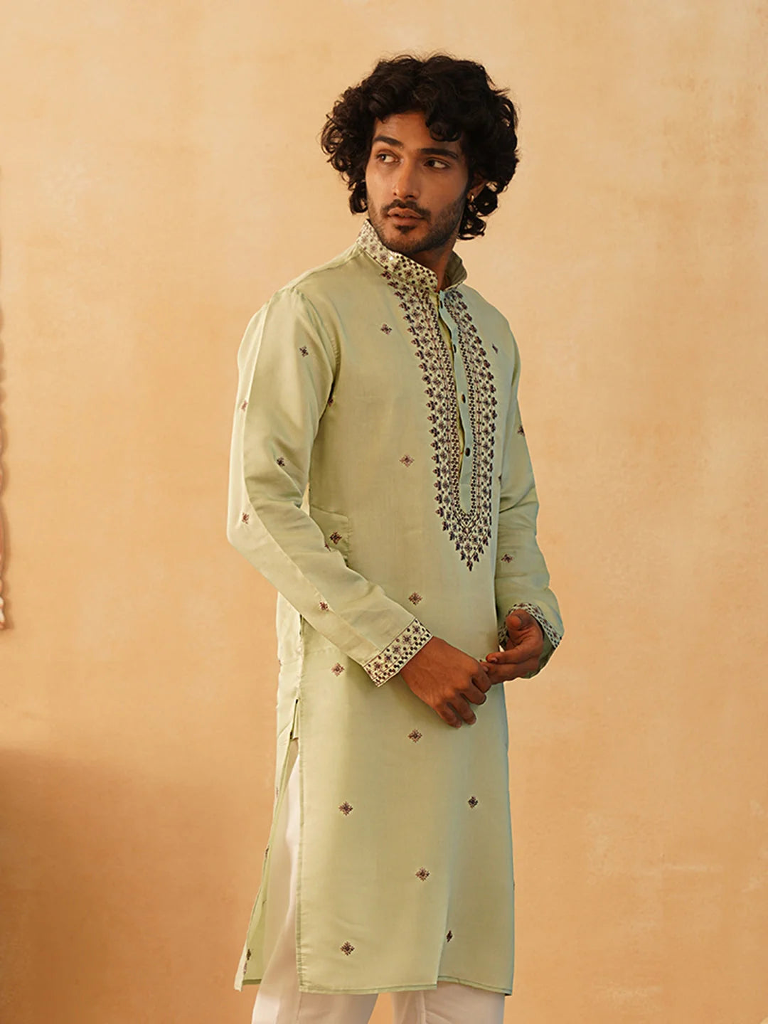Pista Green Embroidered Mens Kurta - Silk Kurta for Men