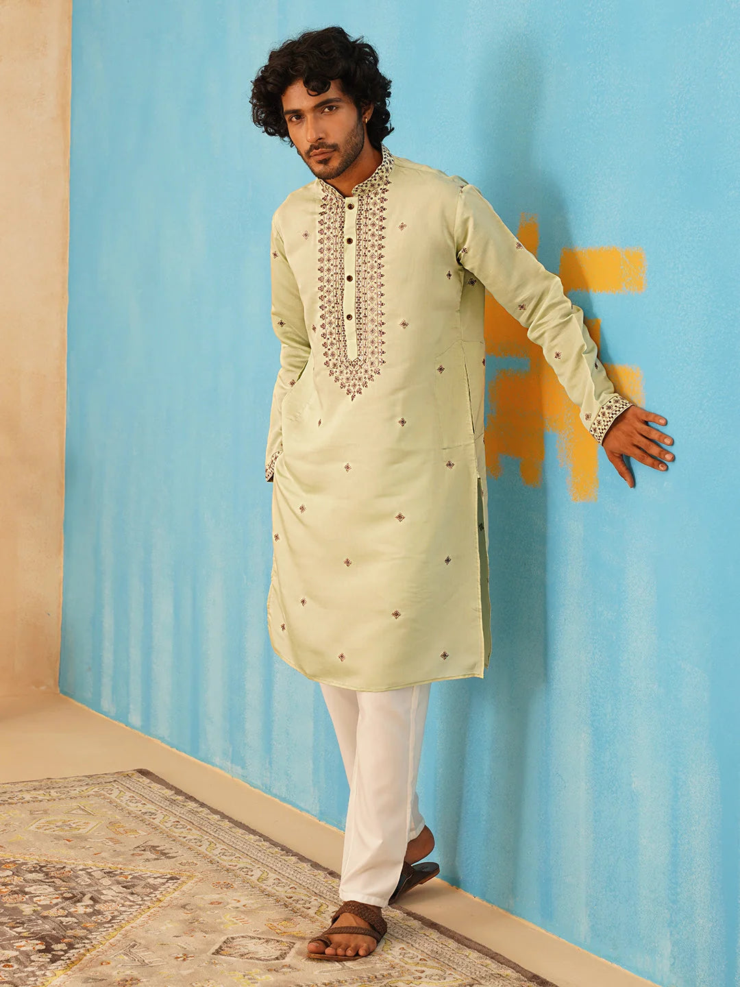 Pista Green Embroidered Mens Kurta - Silk Kurta for Men