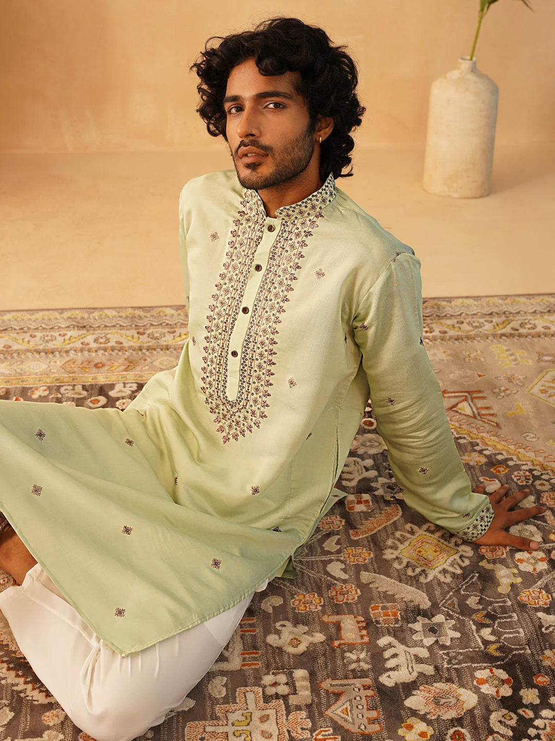 Pista Green Embroidered Mens Kurta - Silk Kurta for Men