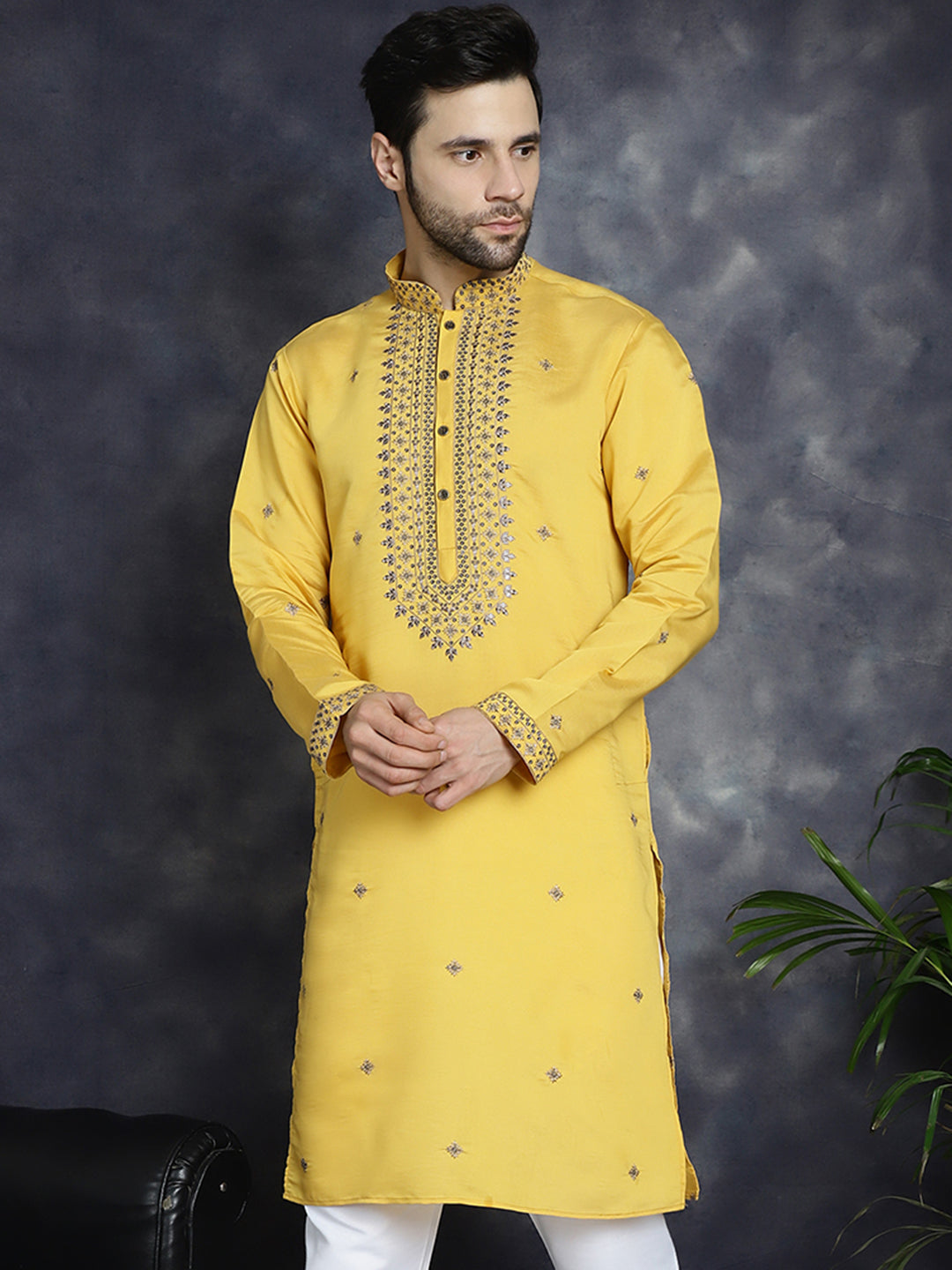 Yellow Sequin Embroidered Mens Kurta - Indian Kurta for Men